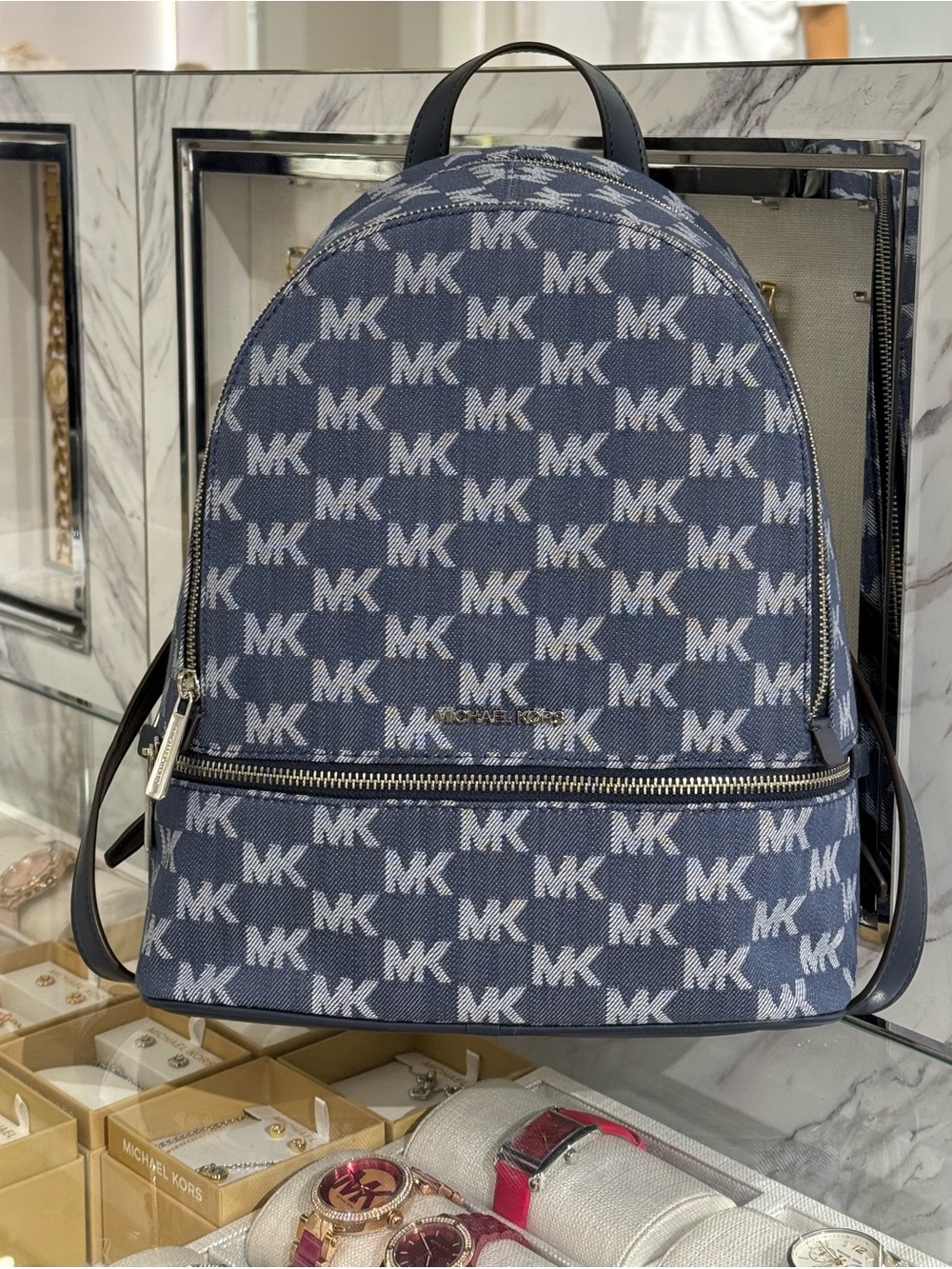 MICHAEL KORS Rhea Medium Logo Jacquard Denim Backpack